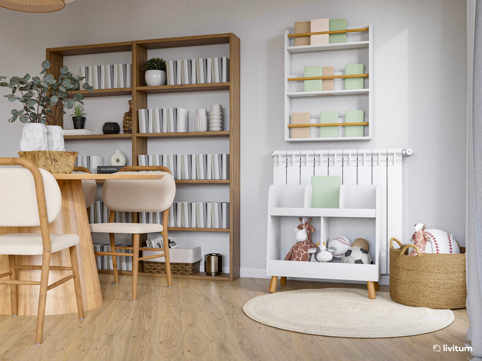 Agradable salón en madera y blanco cálido 