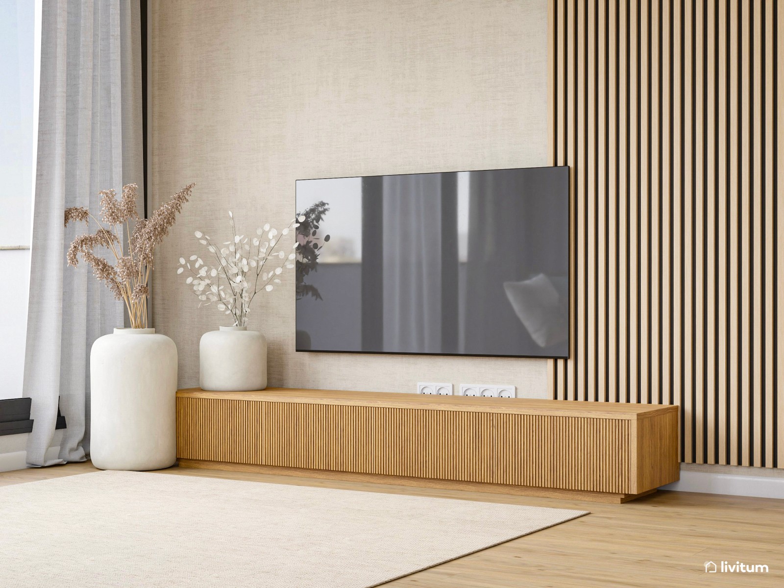 Agradable salón en madera y blanco cálido 