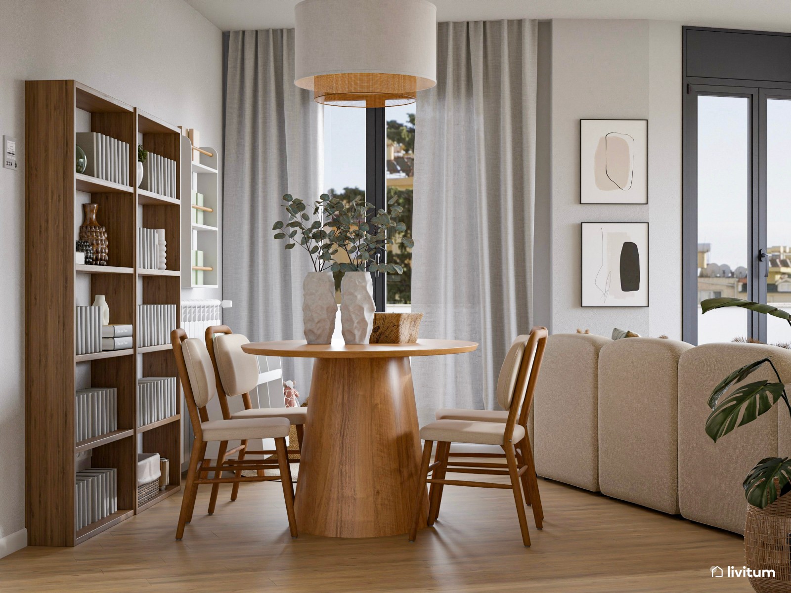 Agradable salón en madera y blanco cálido 