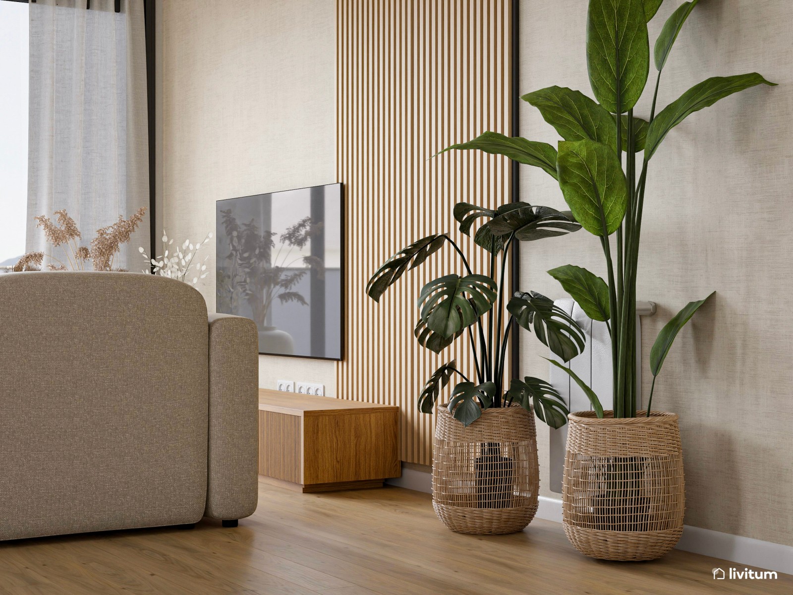 Agradable salón en madera y blanco cálido 