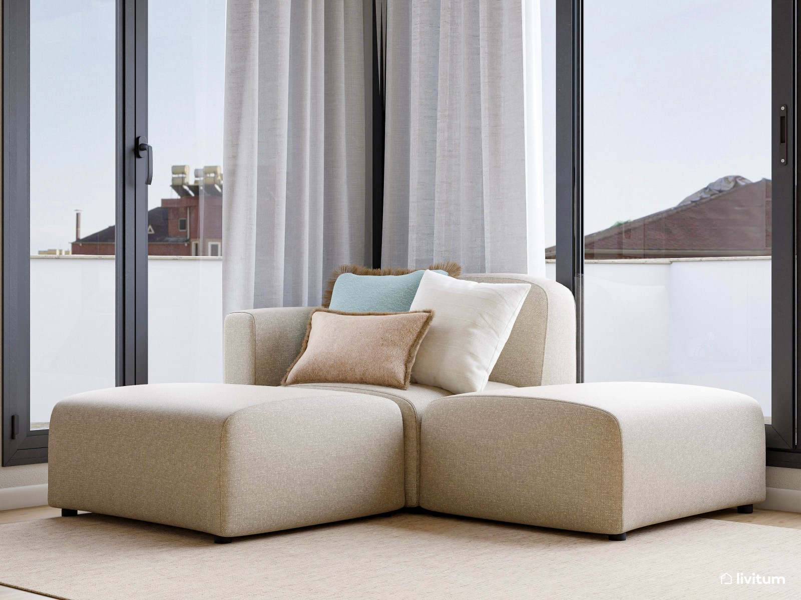 Agradable salón en madera y blanco cálido 