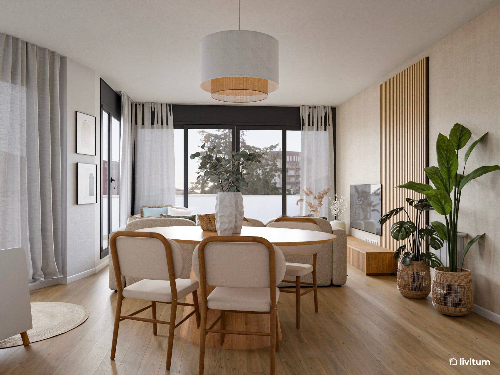 Agradable salón en madera y blanco cálido 