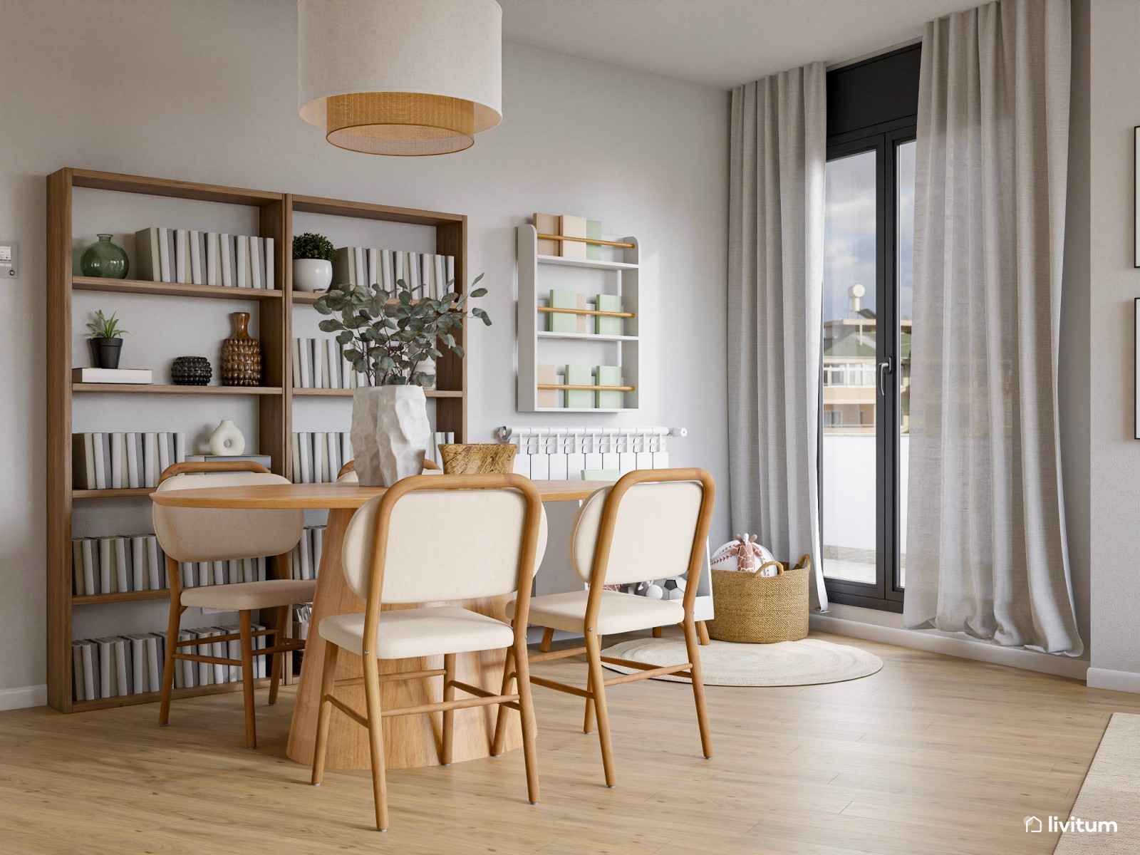 Agradable salón en madera y blanco cálido 