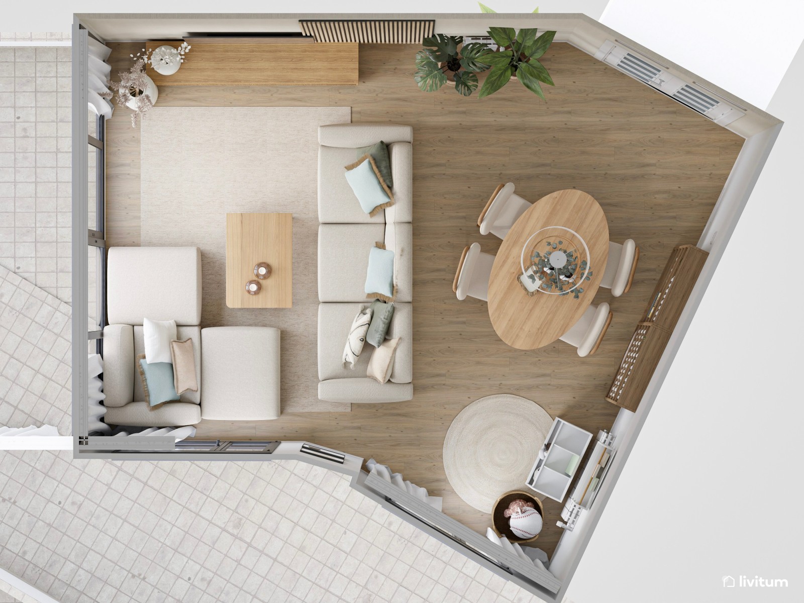 Agradable salón en madera y blanco cálido 