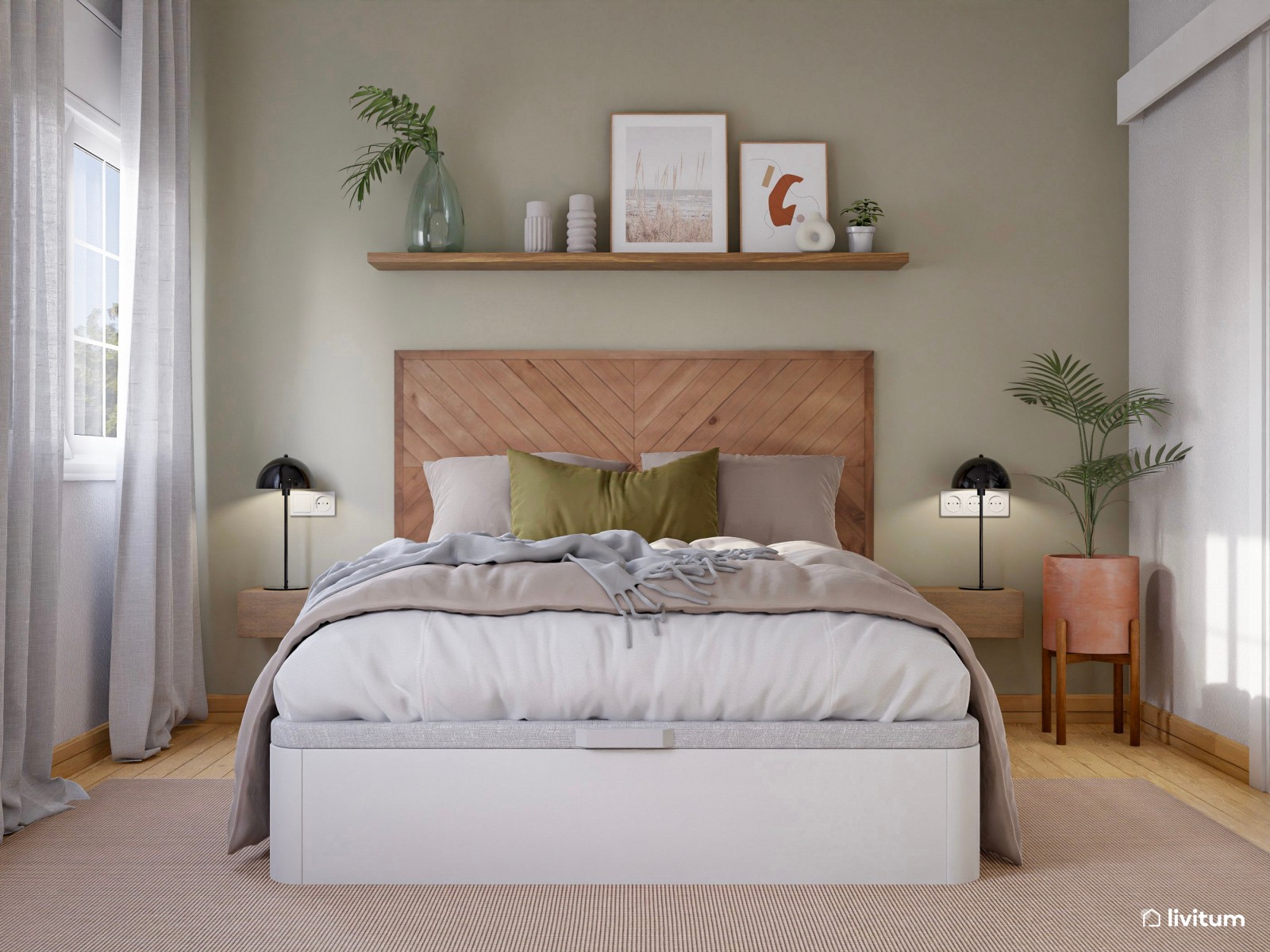 Alegre dormitorio con cabecero de estilo étnico y plantas decorativas 