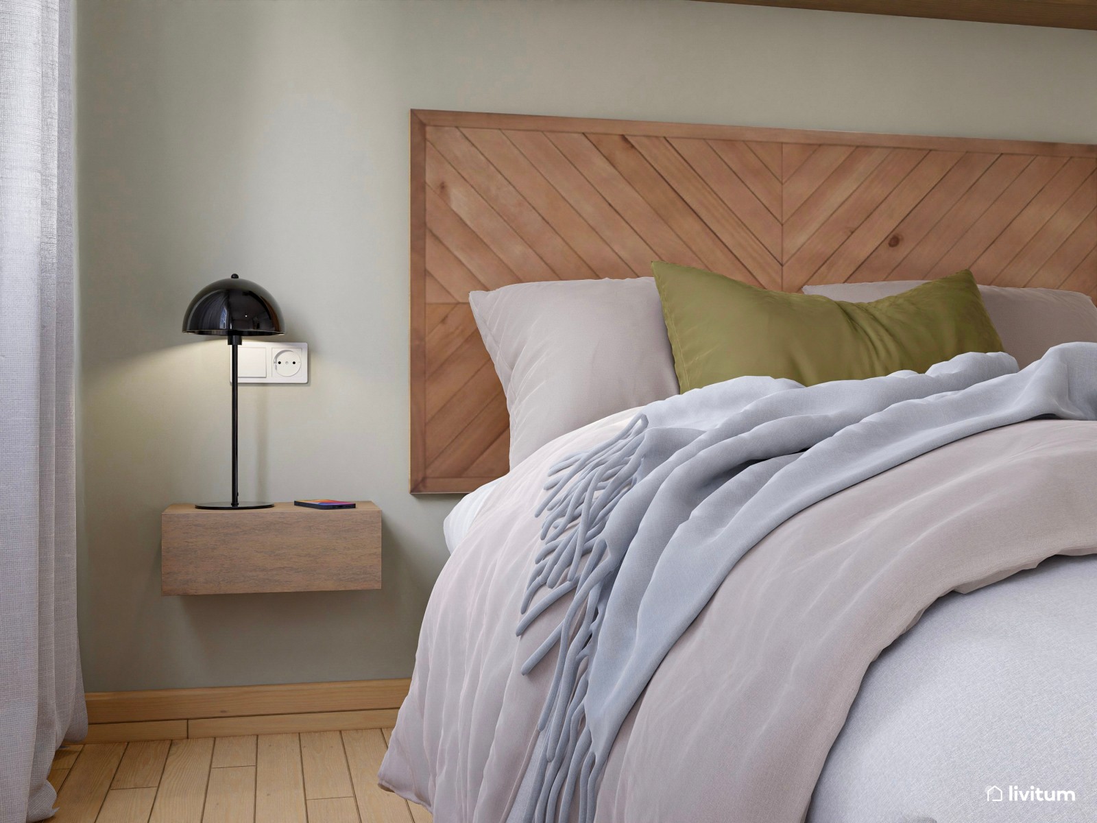 Alegre dormitorio con cabecero de estilo étnico y plantas decorativas 