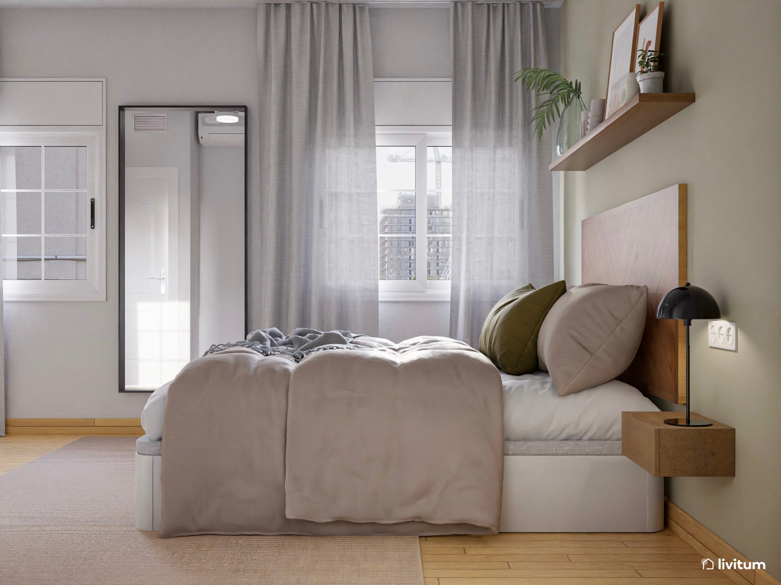 Alegre dormitorio con cabecero de estilo étnico y plantas decorativas 