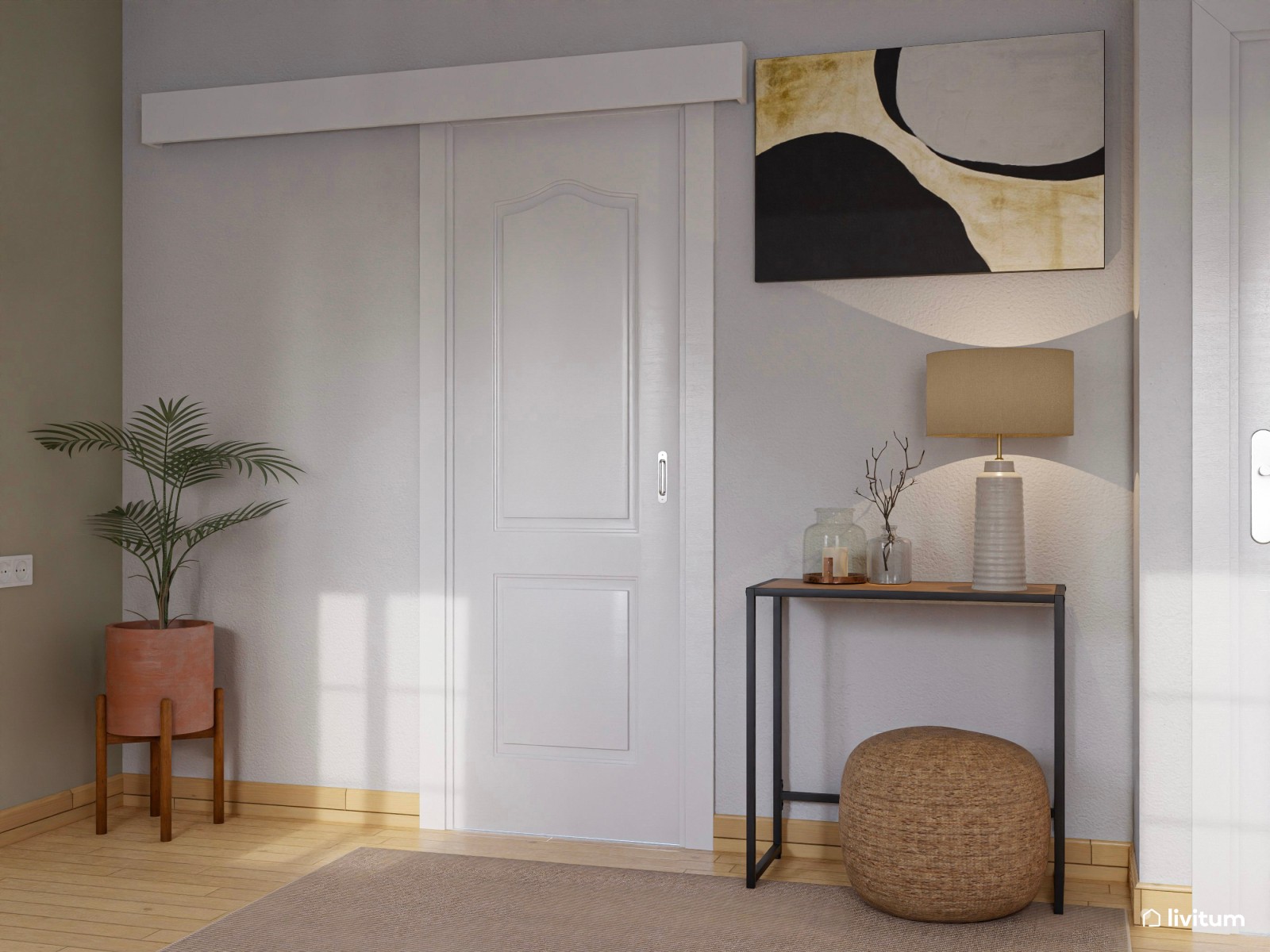 Alegre dormitorio con cabecero de estilo étnico y plantas decorativas 