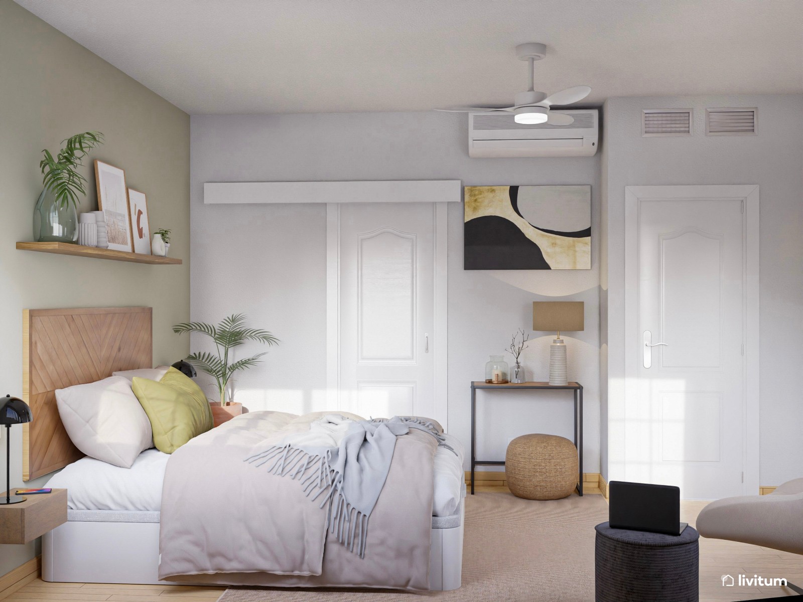 Alegre dormitorio con cabecero de estilo étnico y plantas decorativas 