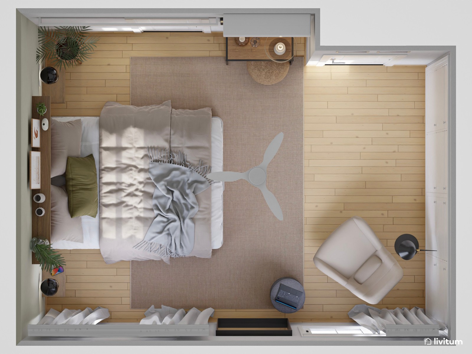 Alegre dormitorio con cabecero de estilo étnico y plantas decorativas 