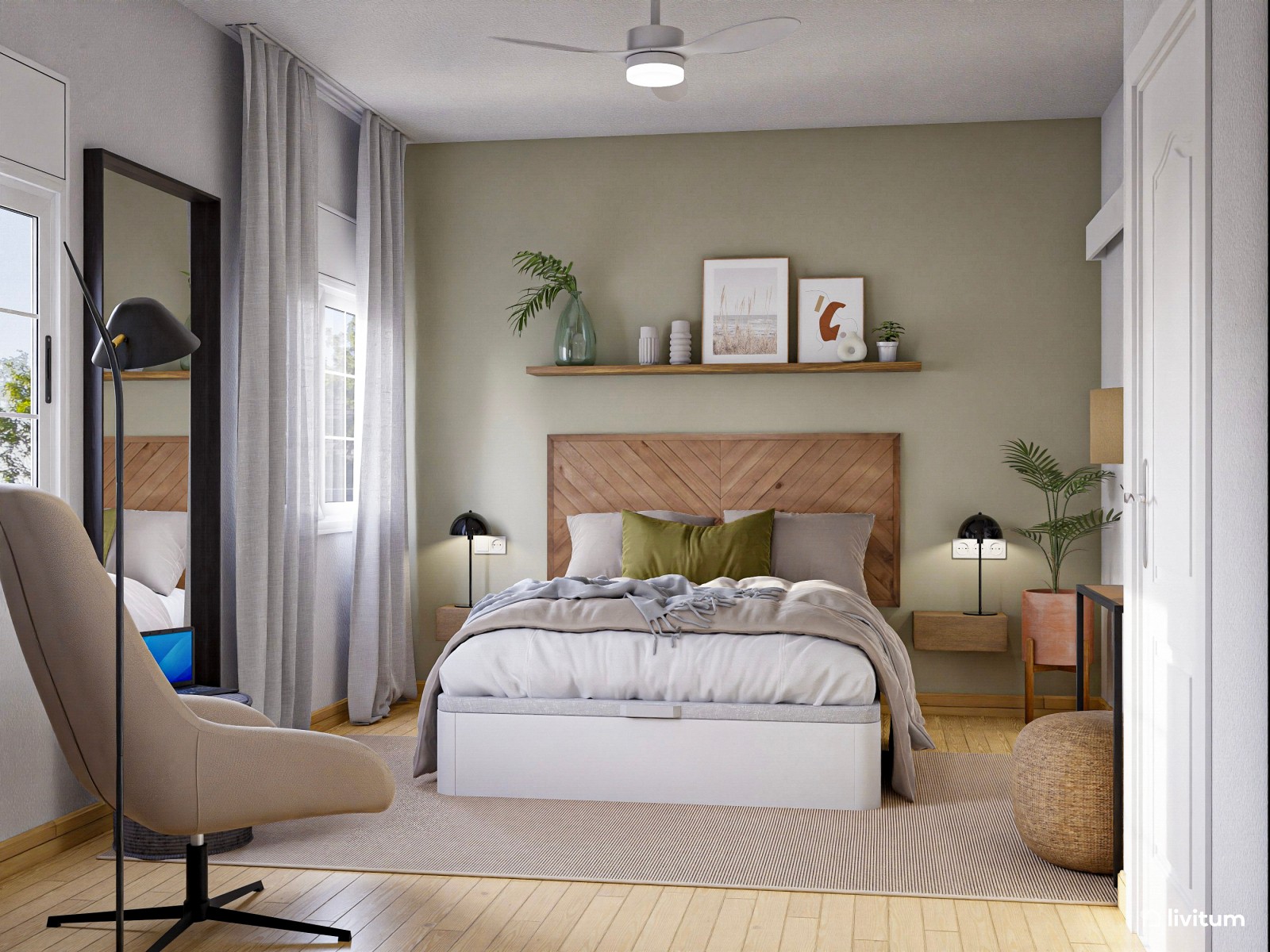 Alegre dormitorio con cabecero de estilo étnico y plantas decorativas 