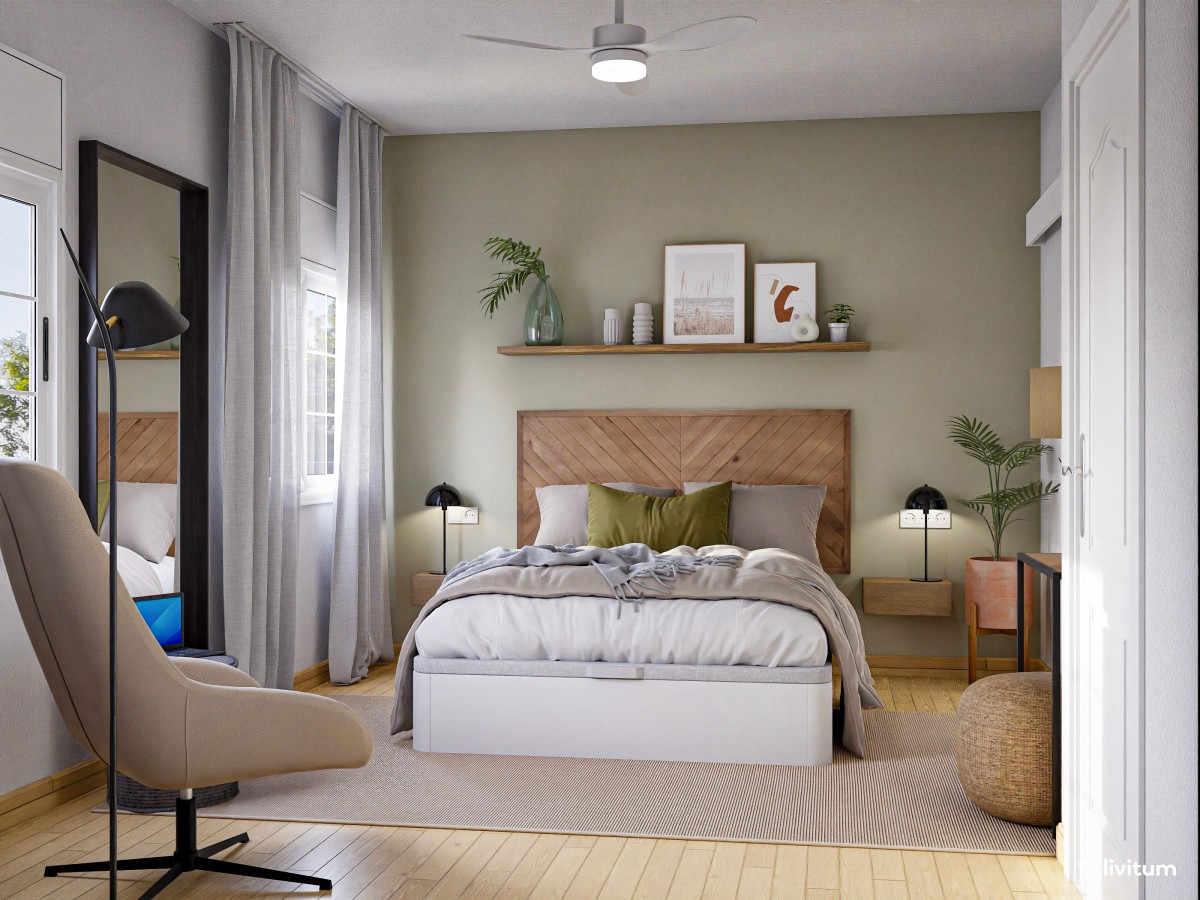 Alegre dormitorio con cabecero de estilo étnico y plantas decorativas
