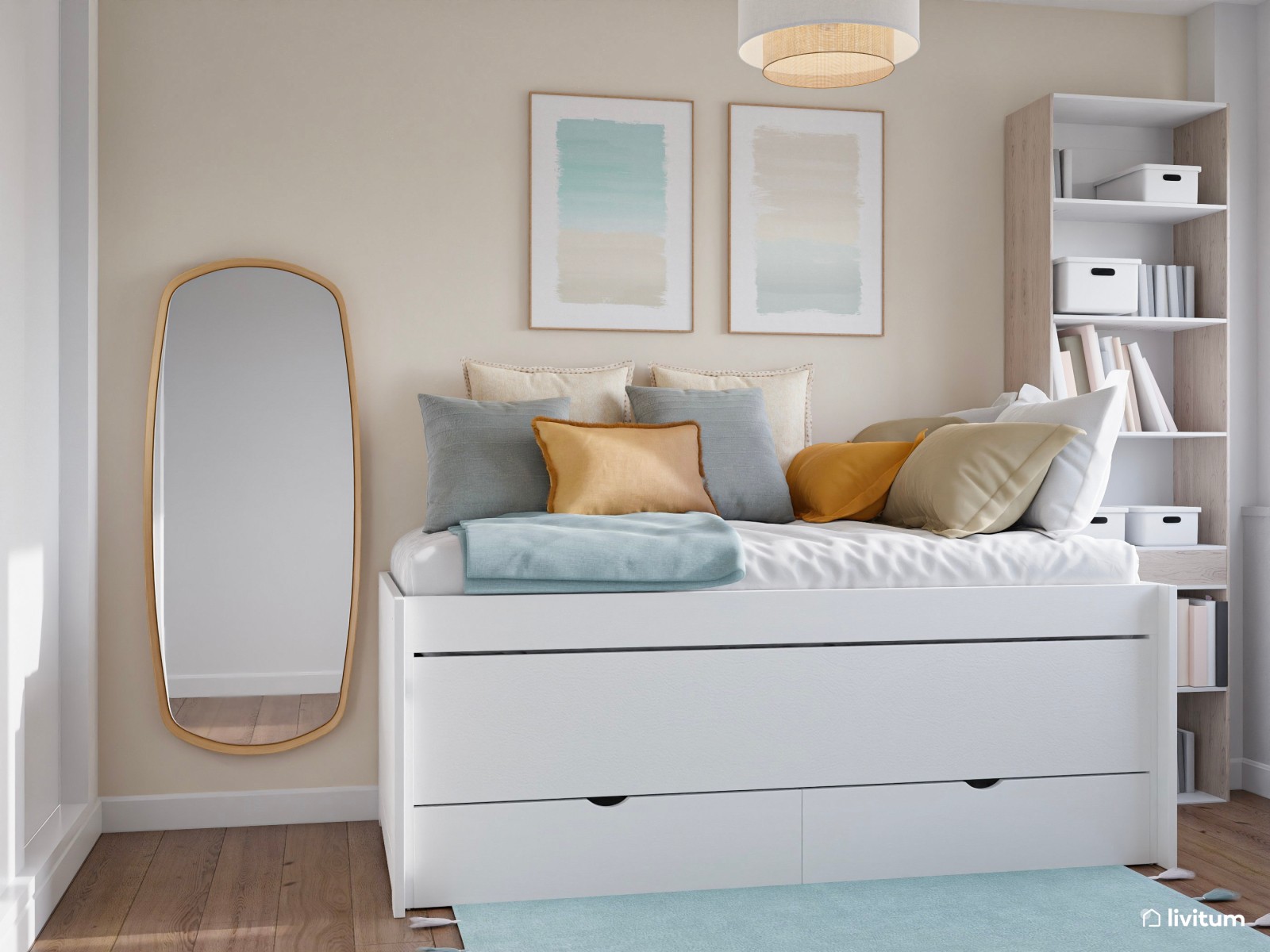 Alegre habitación juvenil con detalles en azul aguamarina y mostaza