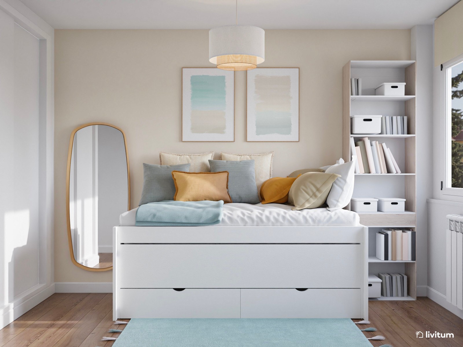 Alegre habitación juvenil con detalles en azul aguamarina y mostaza