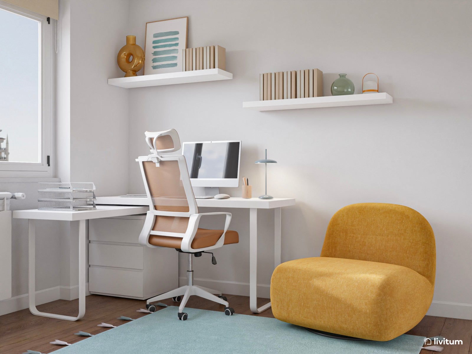 Alegre habitación juvenil con detalles en azul aguamarina y mostaza