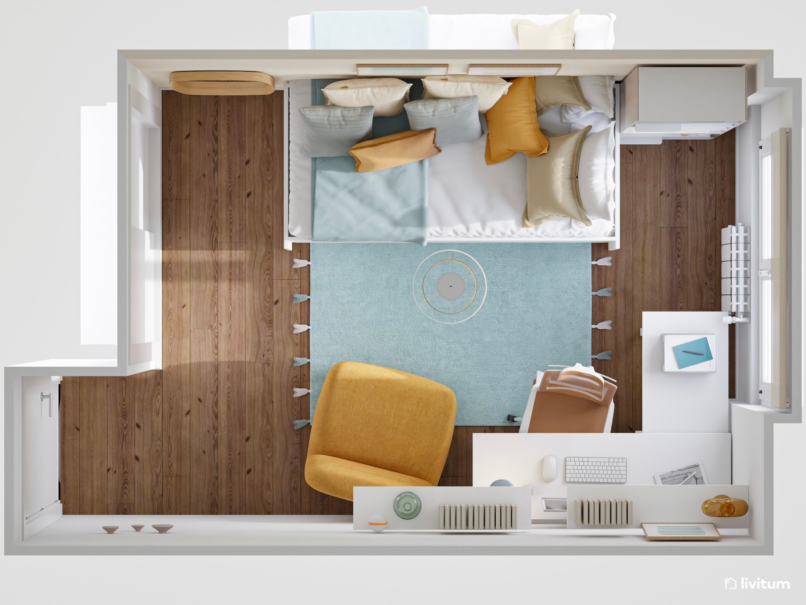 Alegre habitación juvenil con detalles en azul aguamarina y mostaza