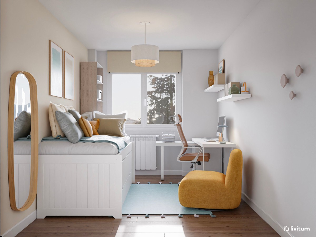 Alegre habitación juvenil con detalles en azul aguamarina y mostaza