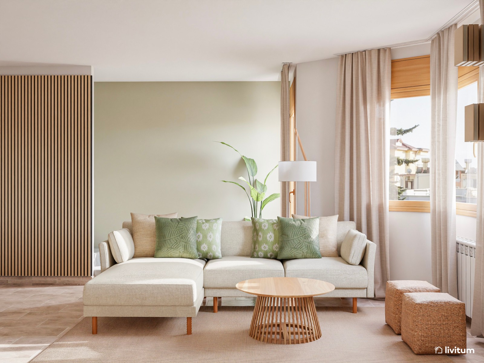 Alegre salón comedor decorado en madera y toques verdes