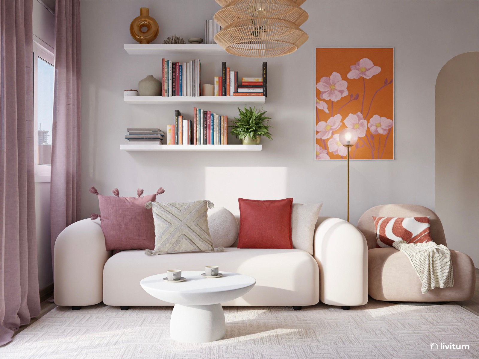 Alegre salón comedor en blanco y detalles en rosa empolvado