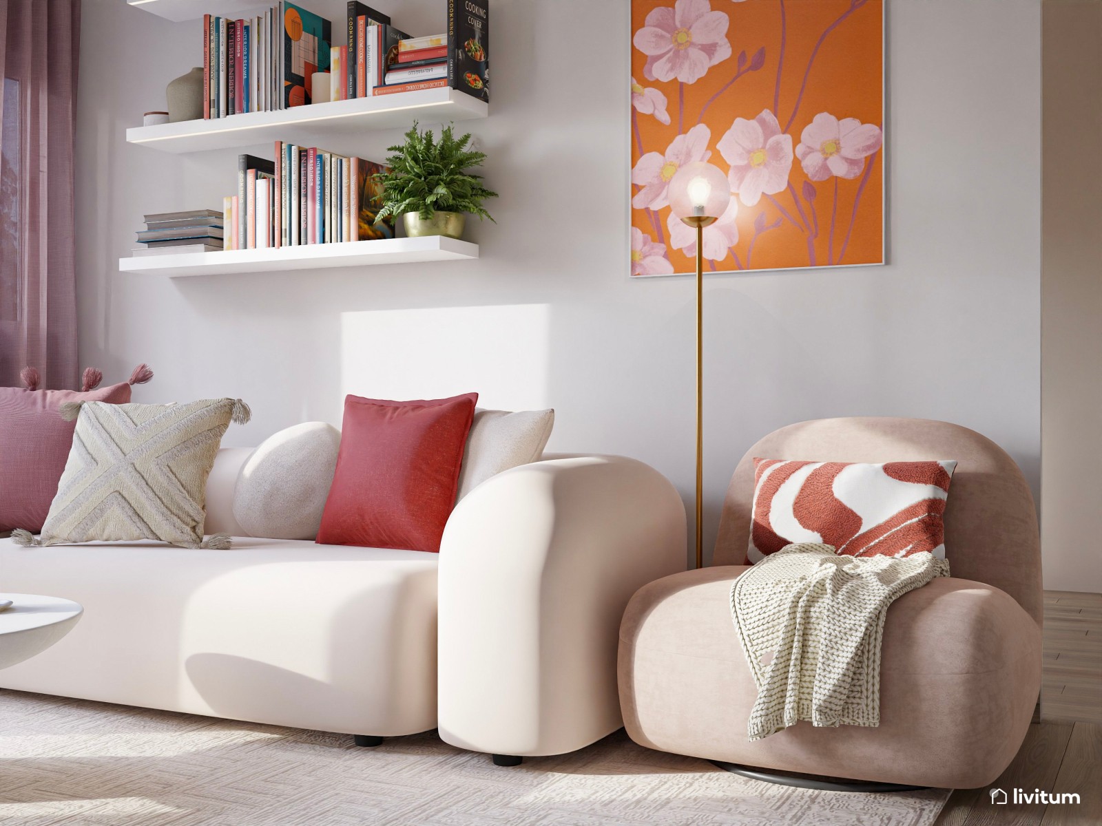 Alegre salón comedor en blanco y detalles en rosa empolvado