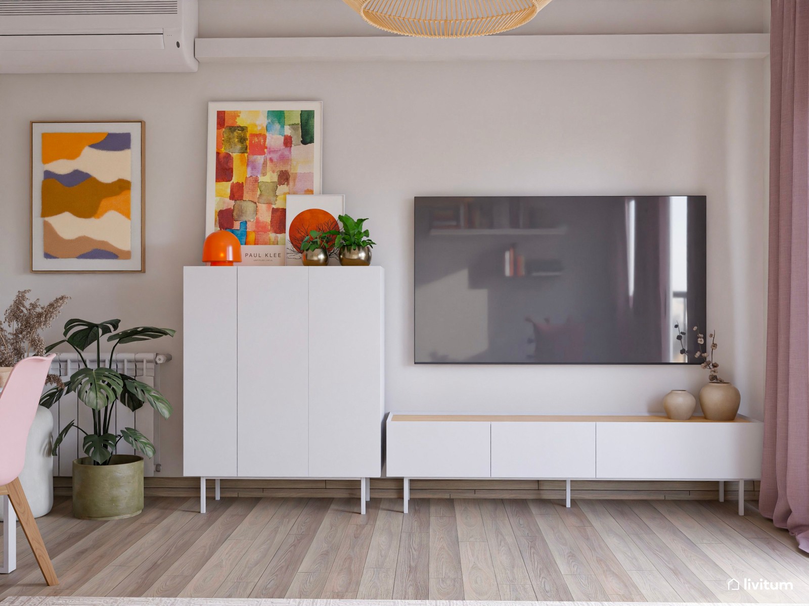 Alegre salón comedor en blanco y detalles en rosa empolvado