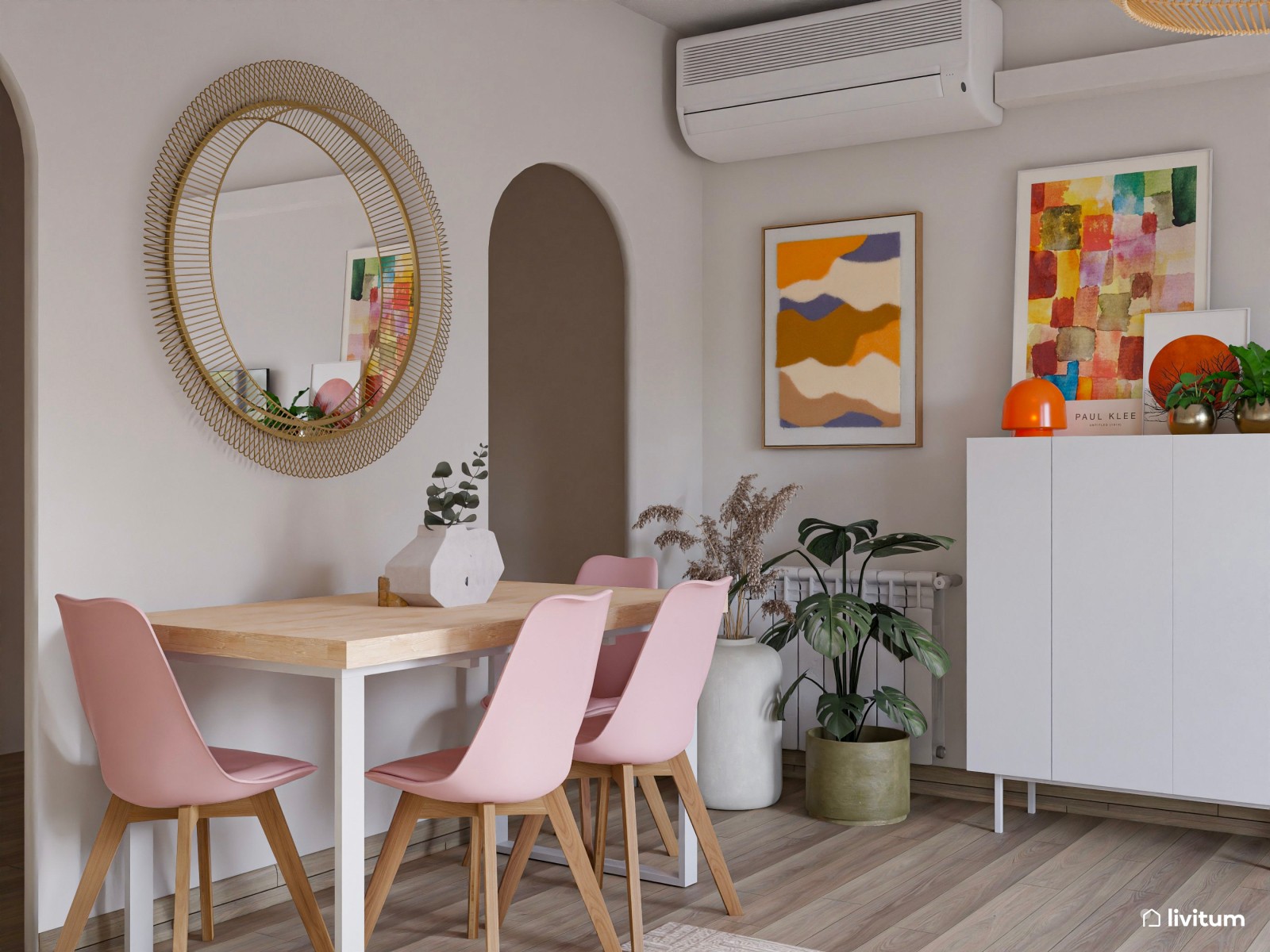 Alegre salón comedor en blanco y detalles en rosa empolvado