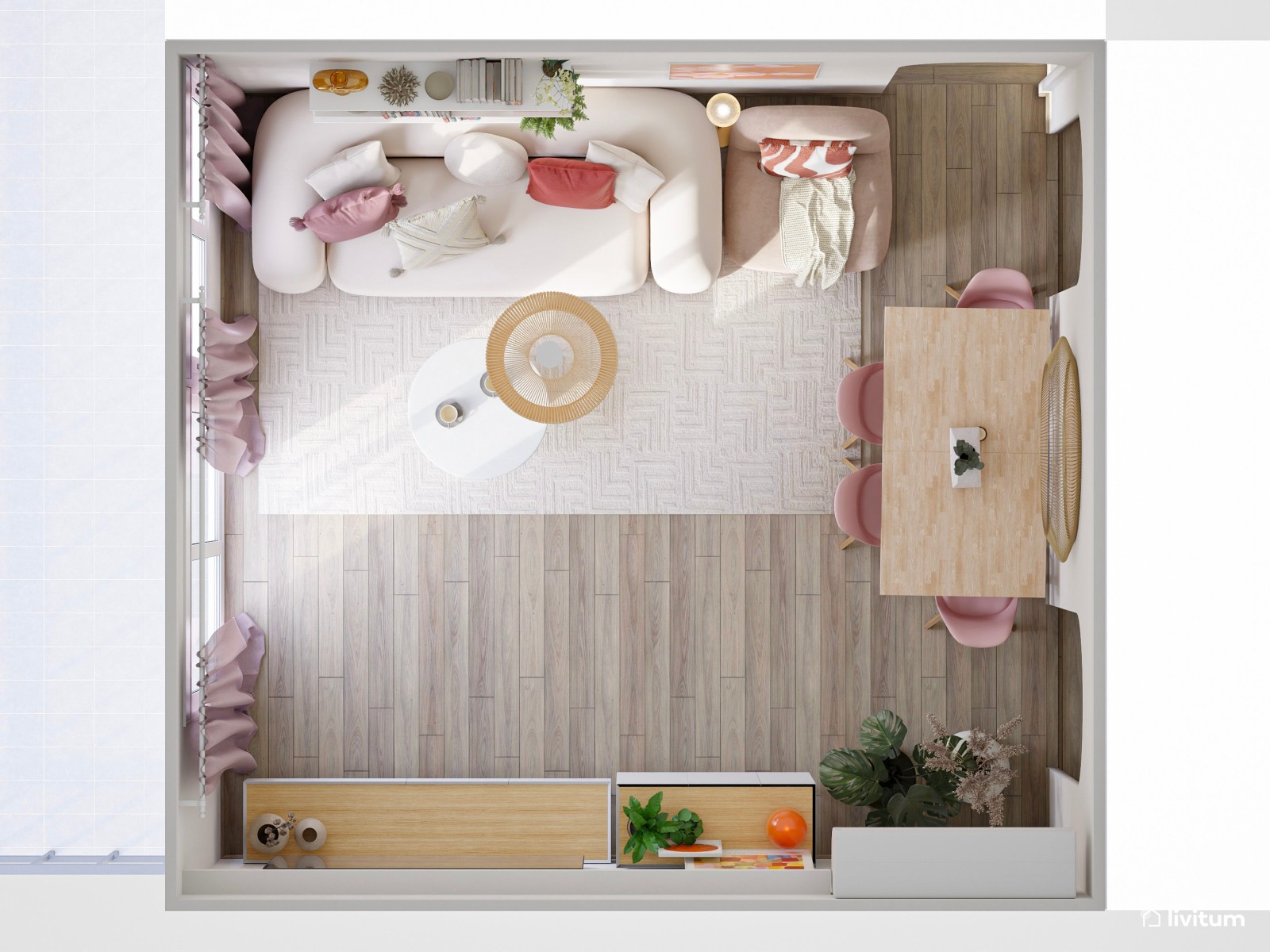 Alegre salón comedor en blanco y detalles en rosa empolvado