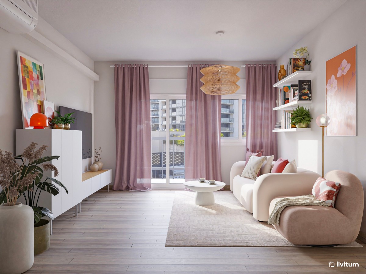 Alegre salón comedor en blanco y detalles en rosa empolvado