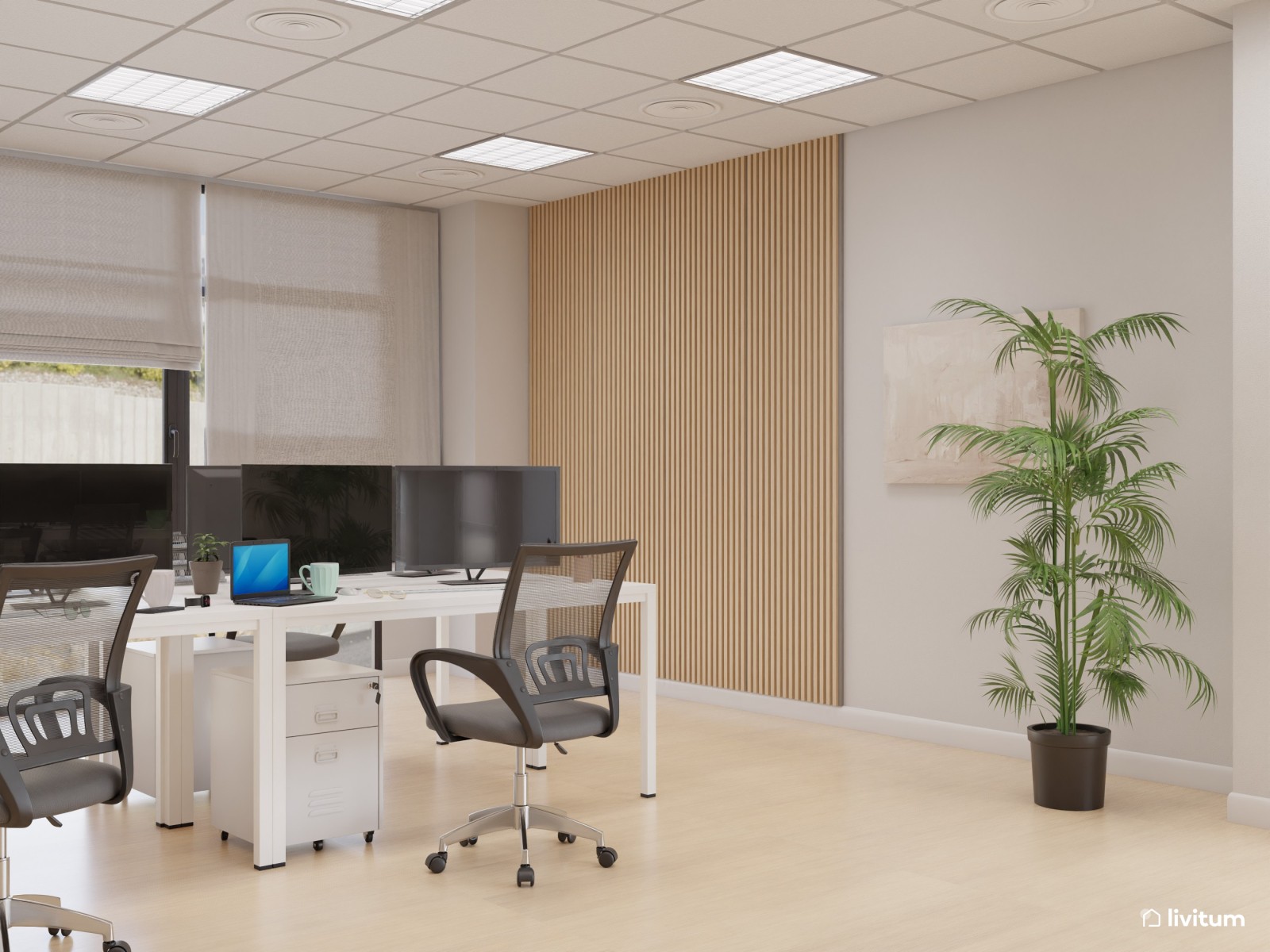 Amplia oficina con el binomio blanco y negro y detalles en madera