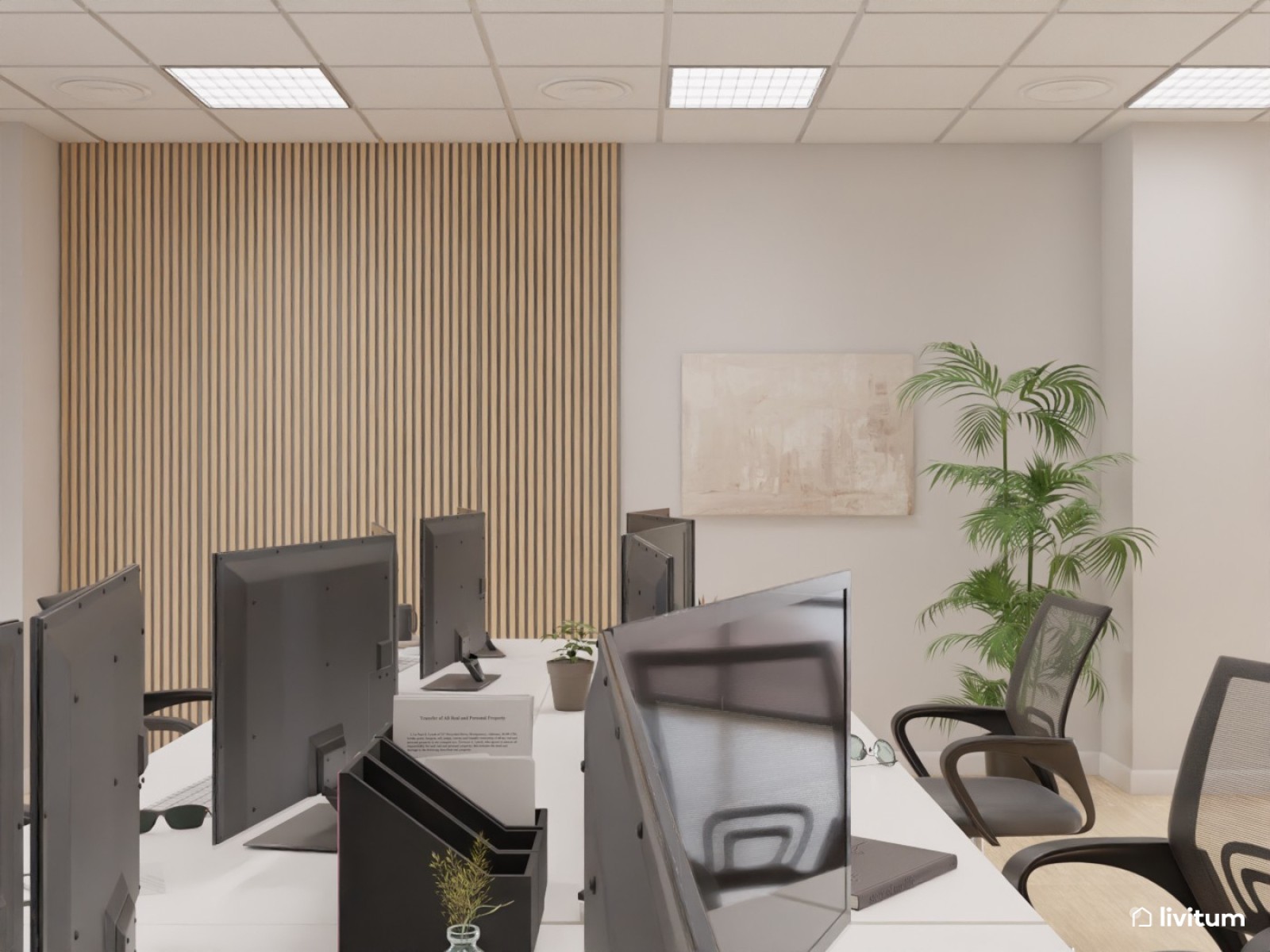 Amplia oficina con el binomio blanco y negro y detalles en madera