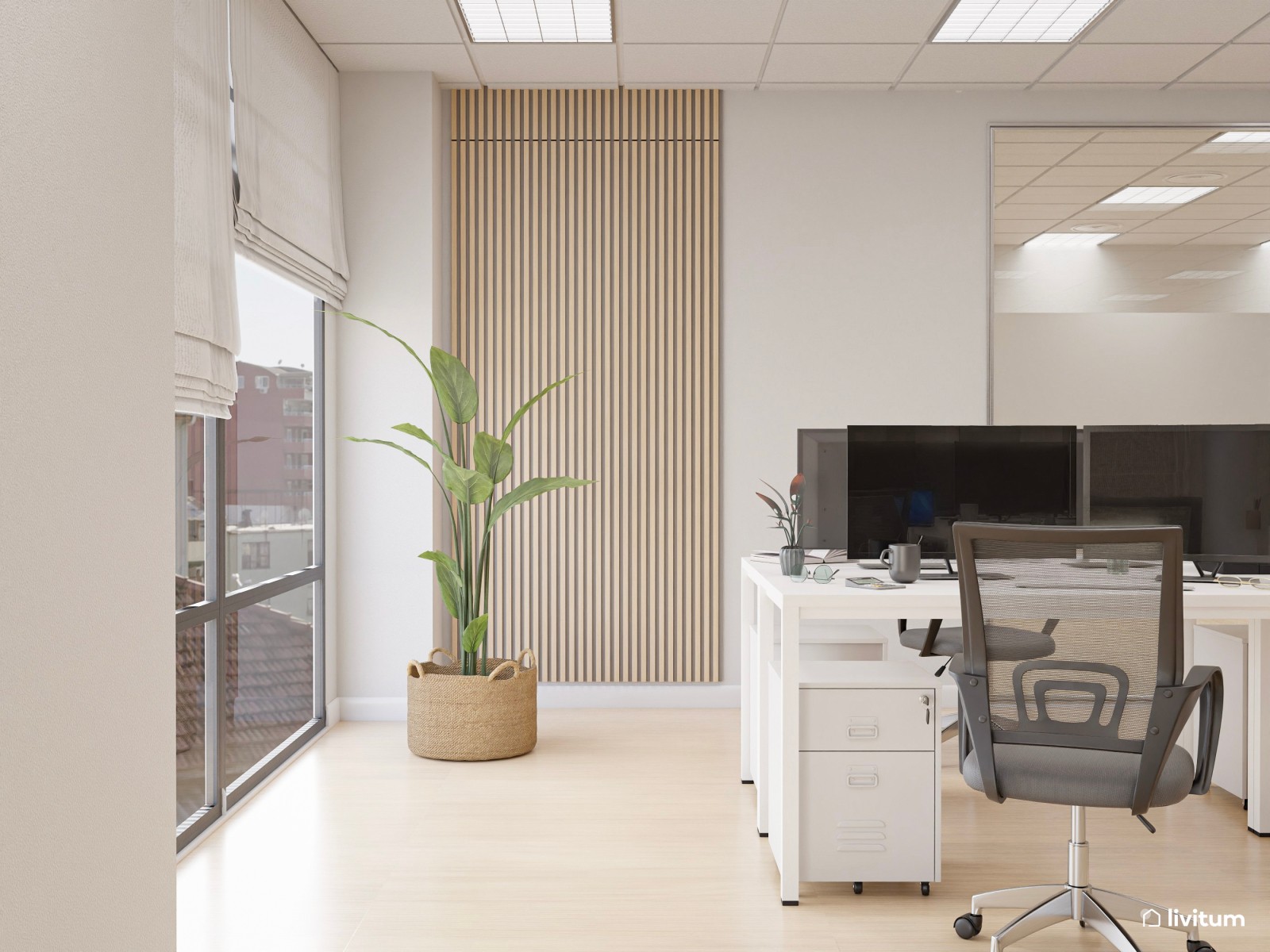 Amplia oficina con el binomio blanco y negro y detalles en madera