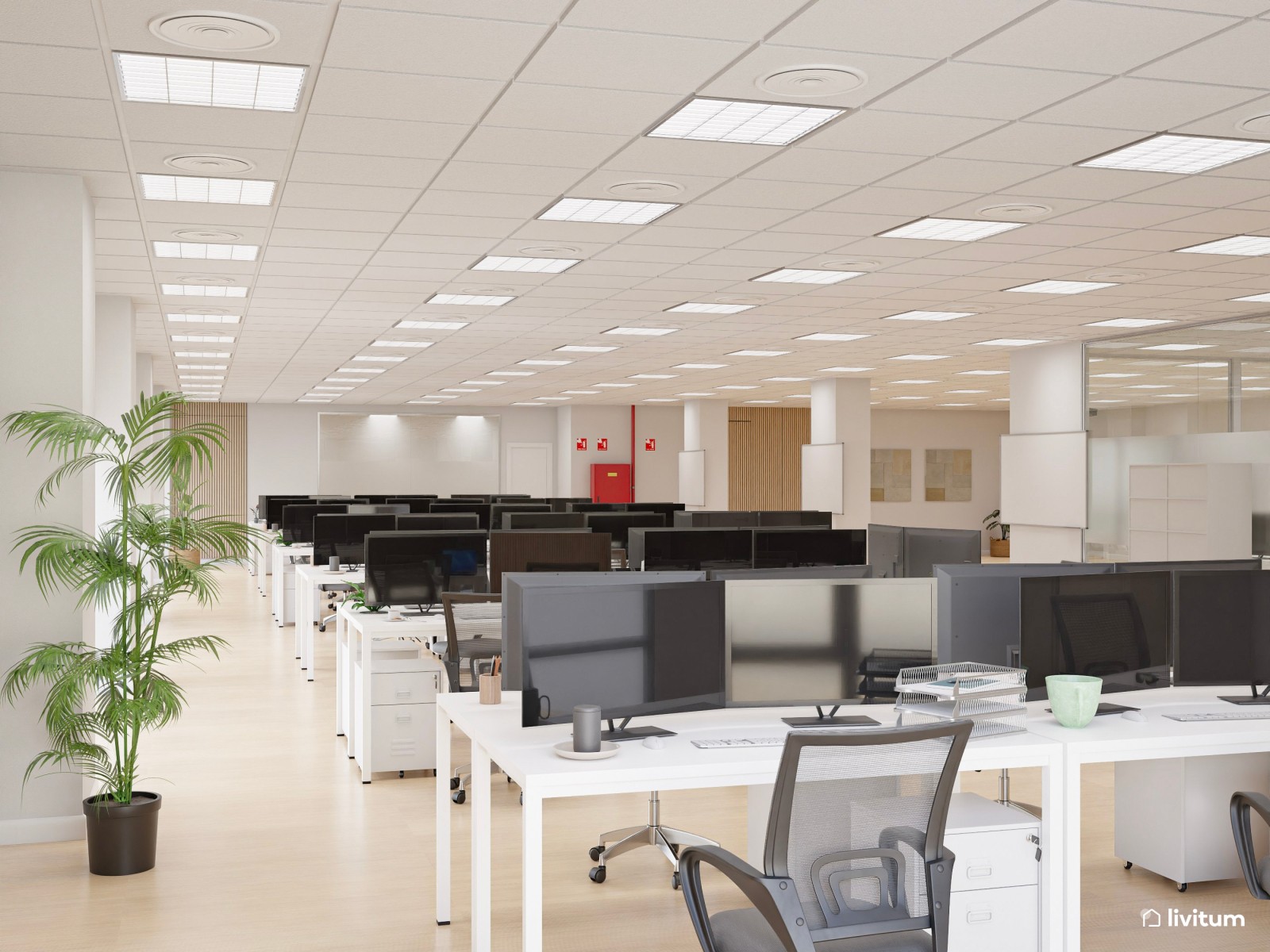 Amplia oficina con el binomio blanco y negro y detalles en madera