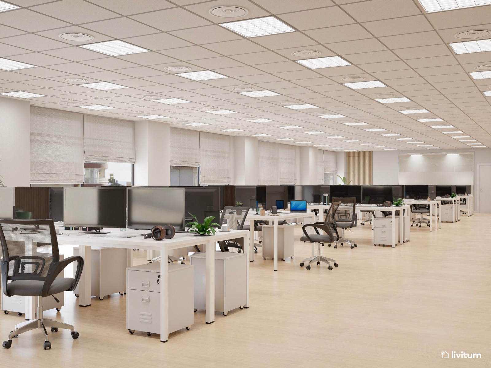 Amplia oficina con el binomio blanco y negro y detalles en madera