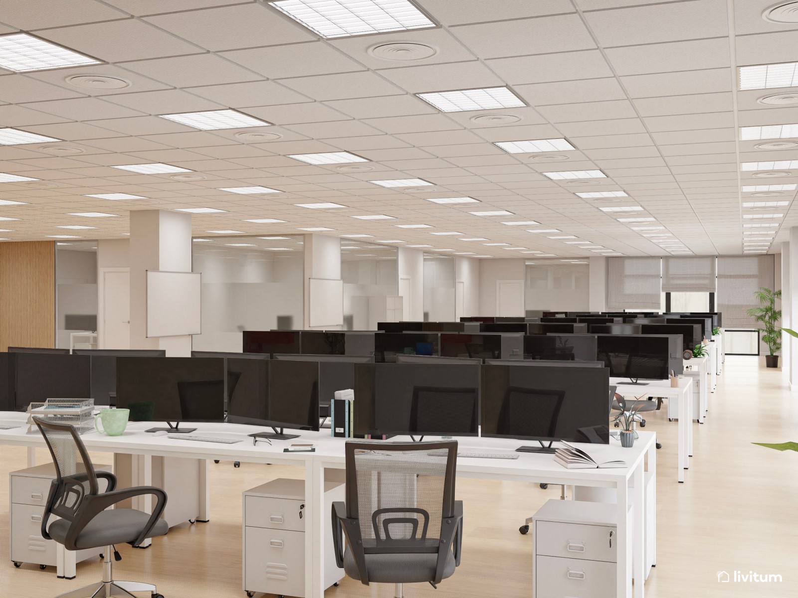 Amplia oficina con el binomio blanco y negro y detalles en madera