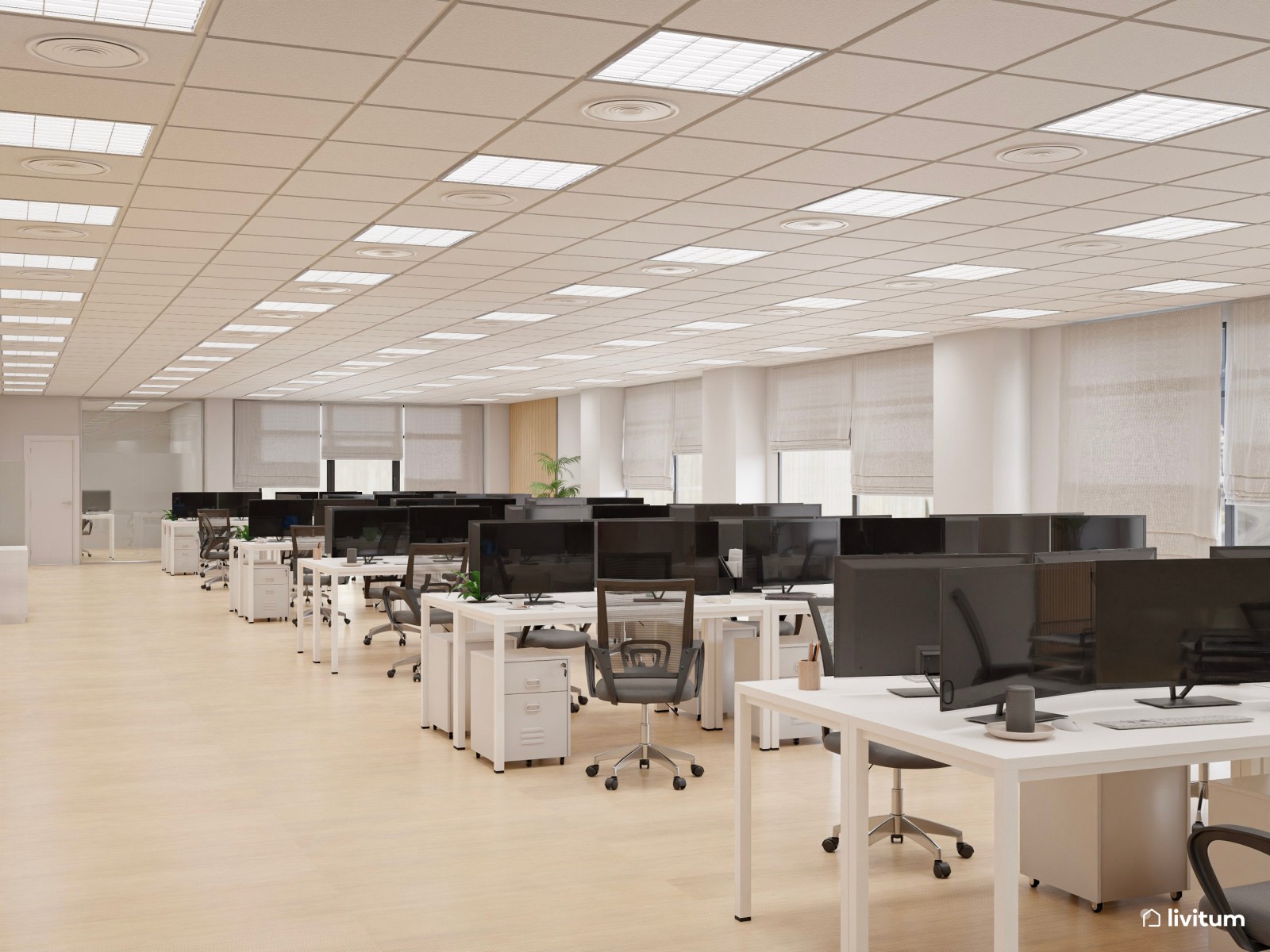 Amplia oficina con el binomio blanco y negro y detalles en madera