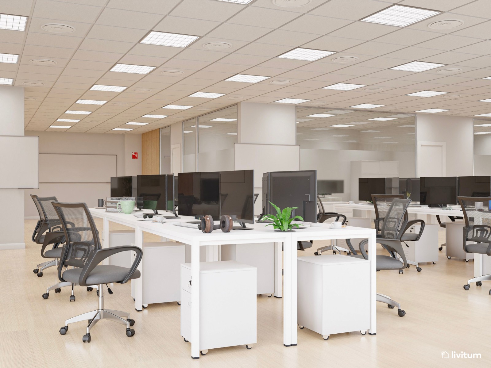 Amplia oficina con el binomio blanco y negro y detalles en madera