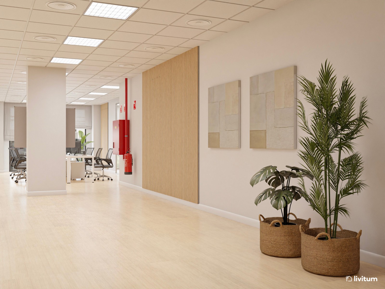 Amplia oficina con el binomio blanco y negro y detalles en madera