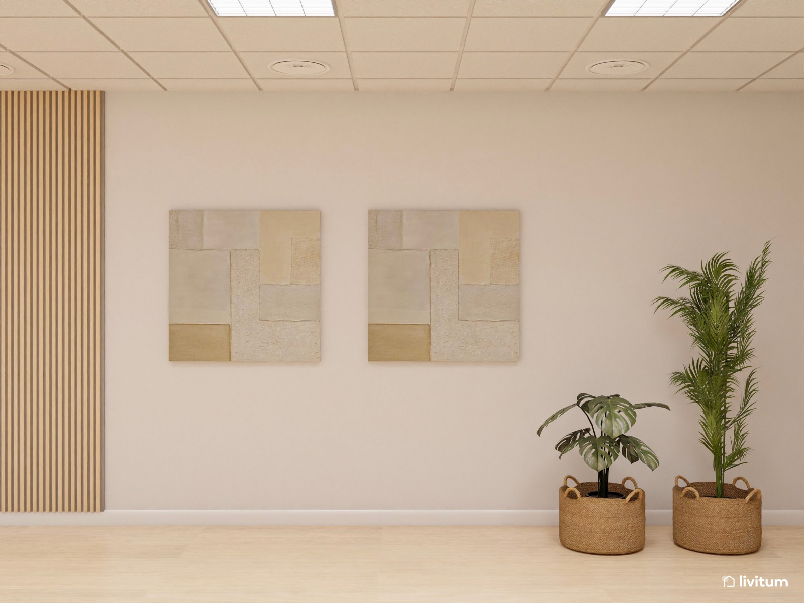 Amplia oficina con el binomio blanco y negro y detalles en madera