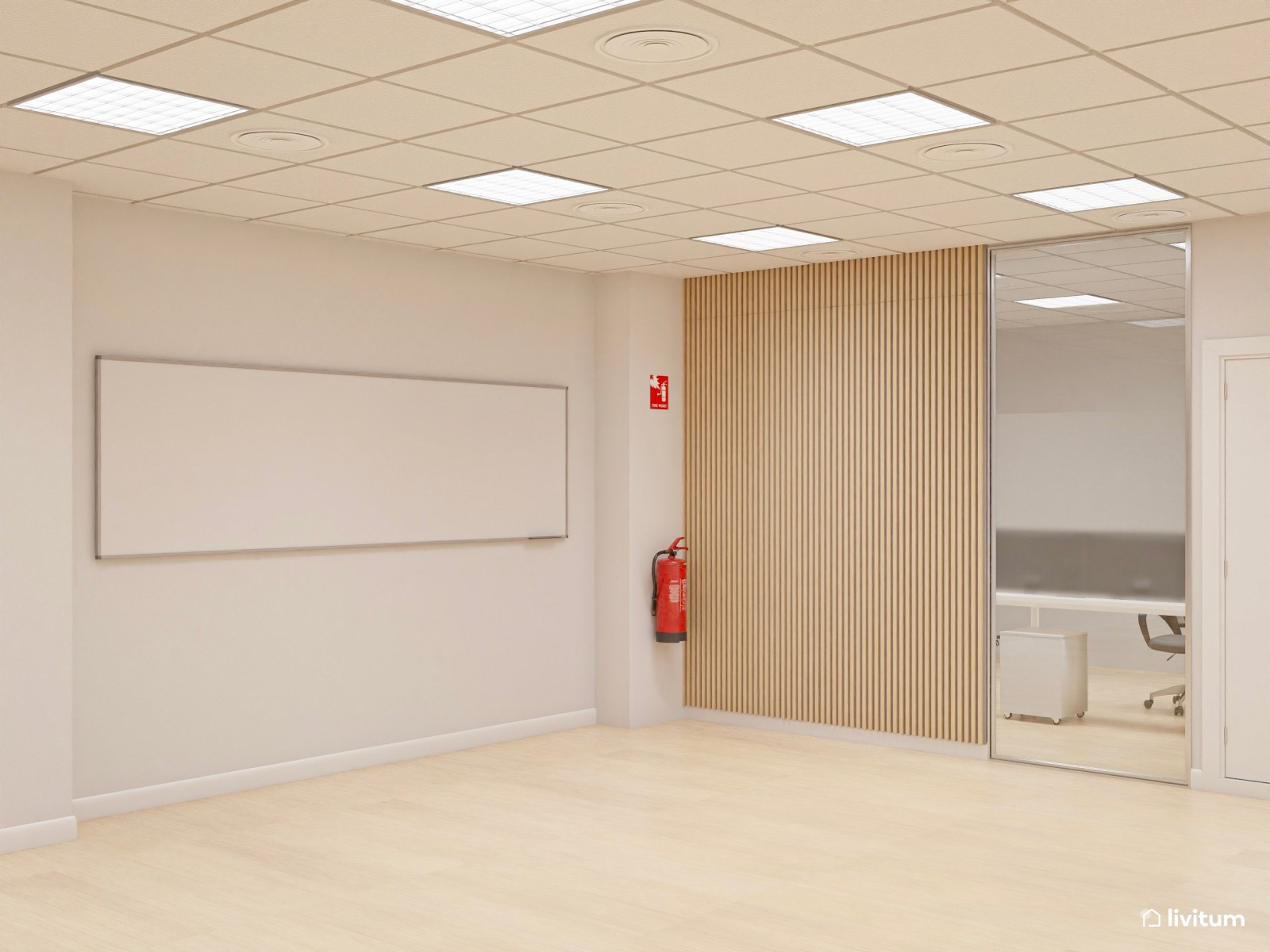 Amplia oficina con el binomio blanco y negro y detalles en madera