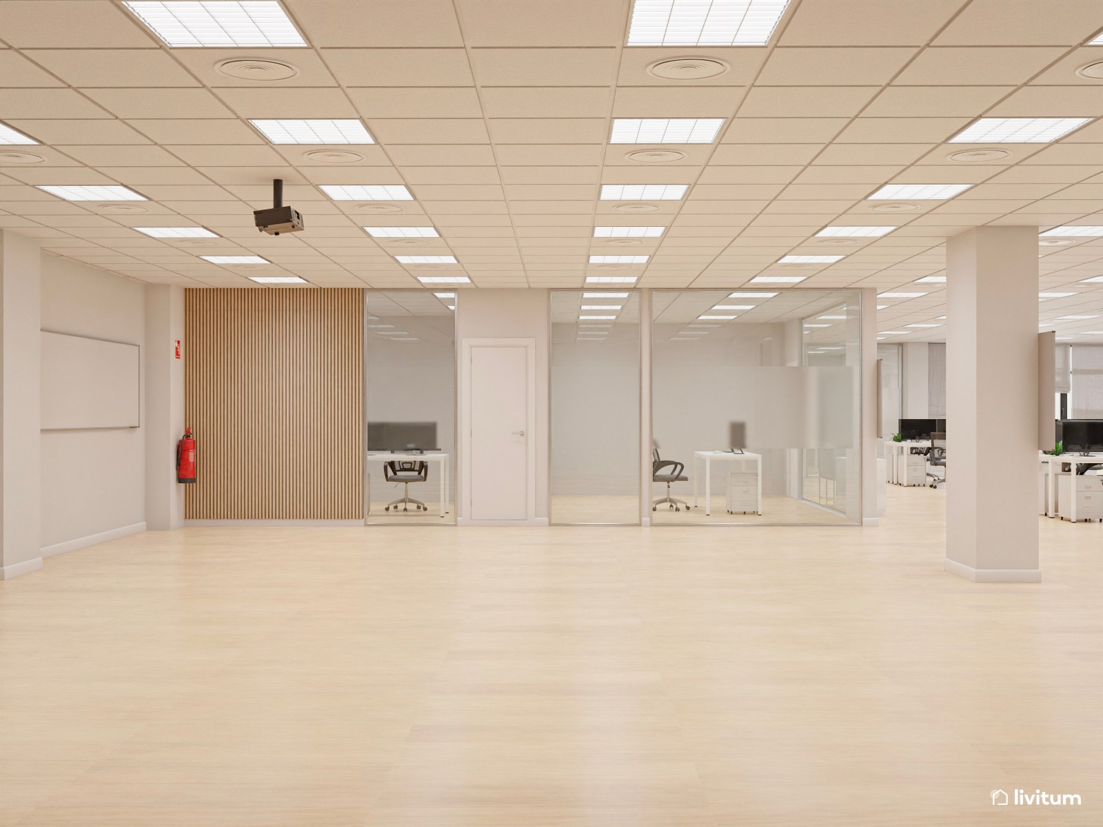 Amplia oficina con el binomio blanco y negro y detalles en madera