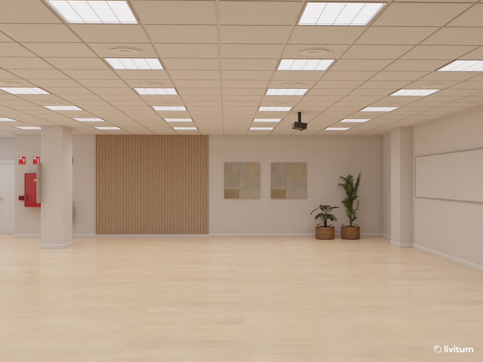 Amplia oficina con el binomio blanco y negro y detalles en madera