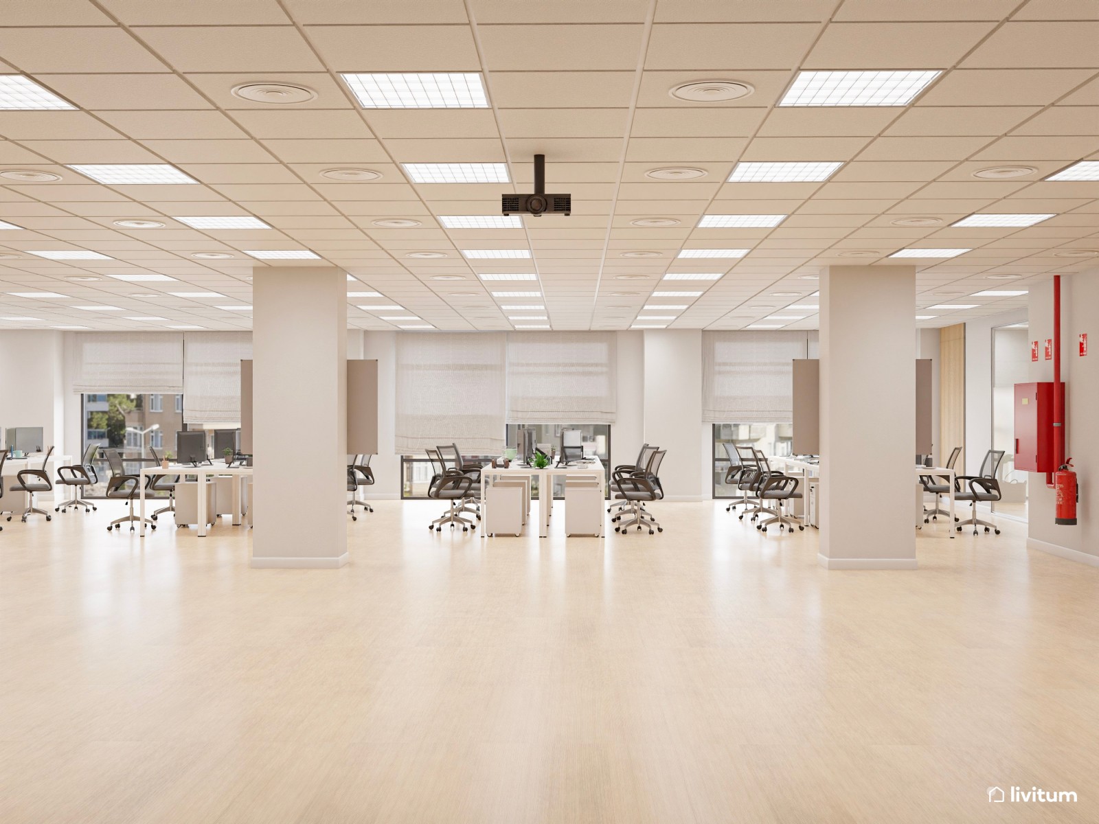 Amplia oficina con el binomio blanco y negro y detalles en madera