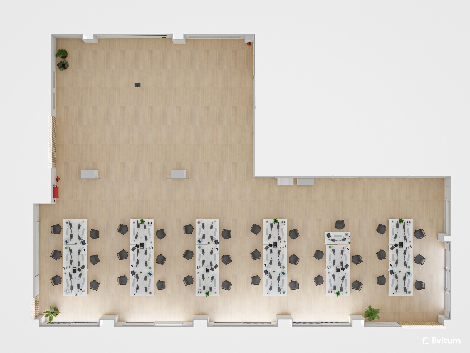 Amplia oficina con el binomio blanco y negro y detalles en madera