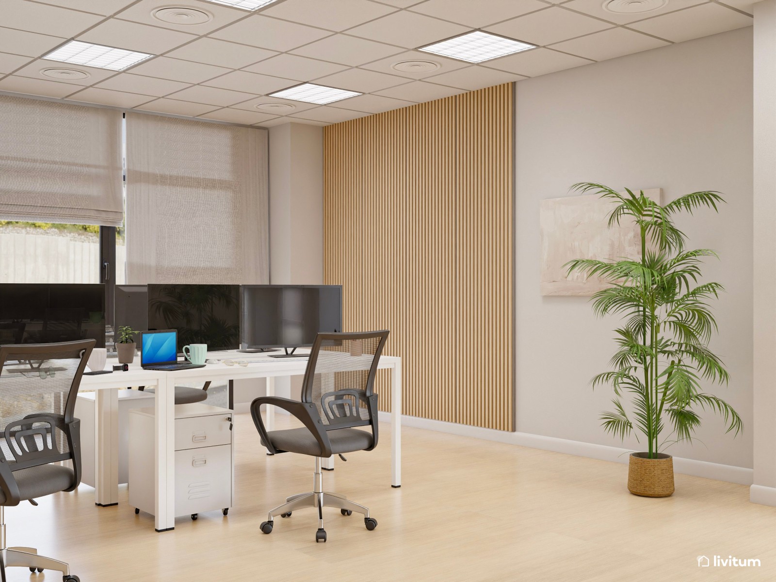 Amplia oficina con el binomio blanco y negro y detalles en madera