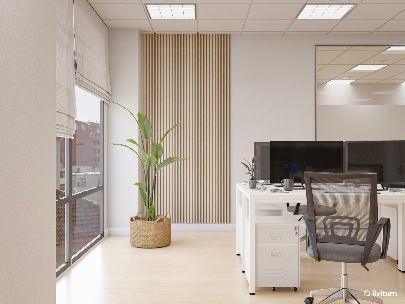 Amplia oficina con el binomio blanco y negro y detalles en madera