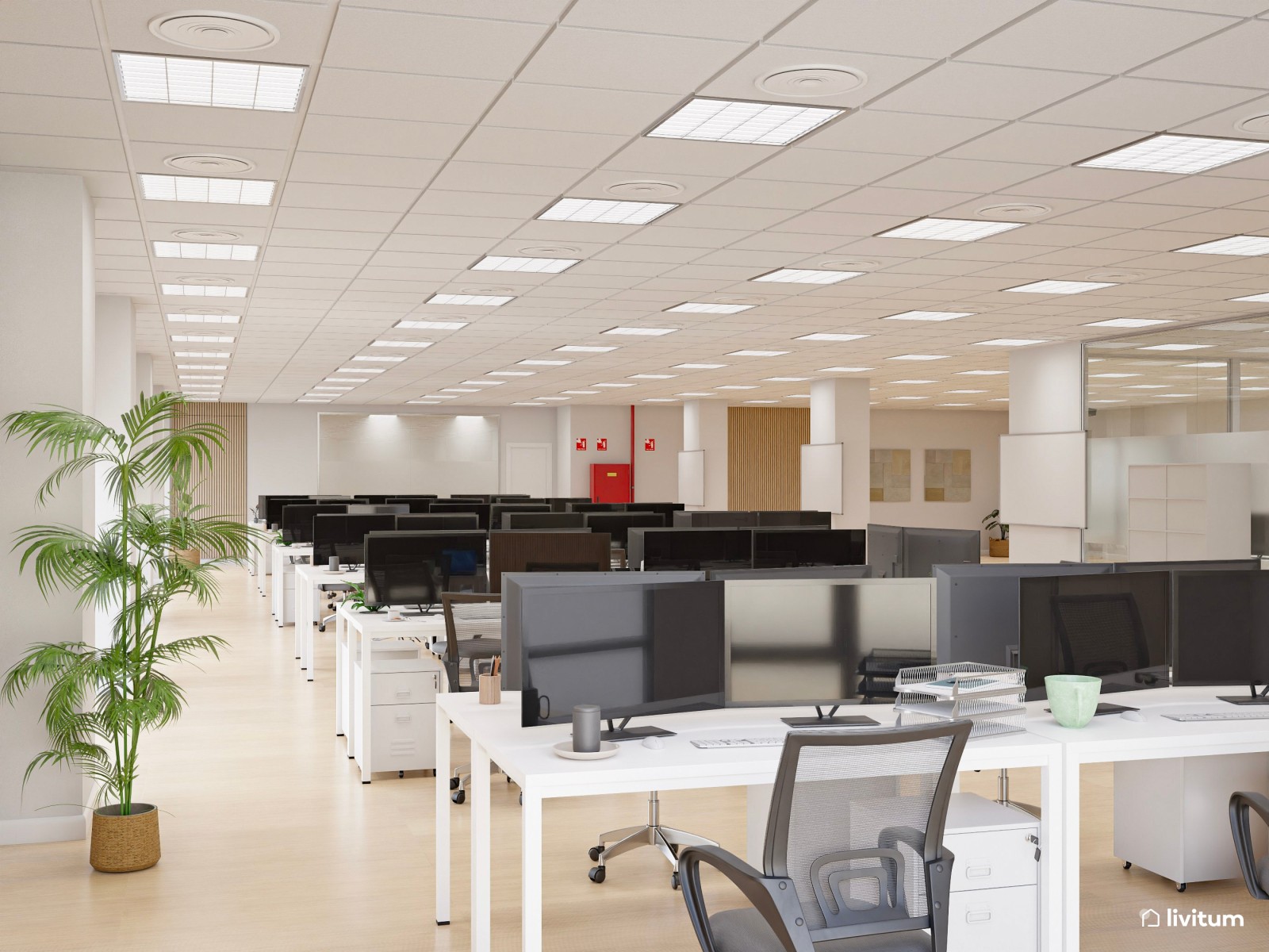 Amplia oficina con el binomio blanco y negro y detalles en madera