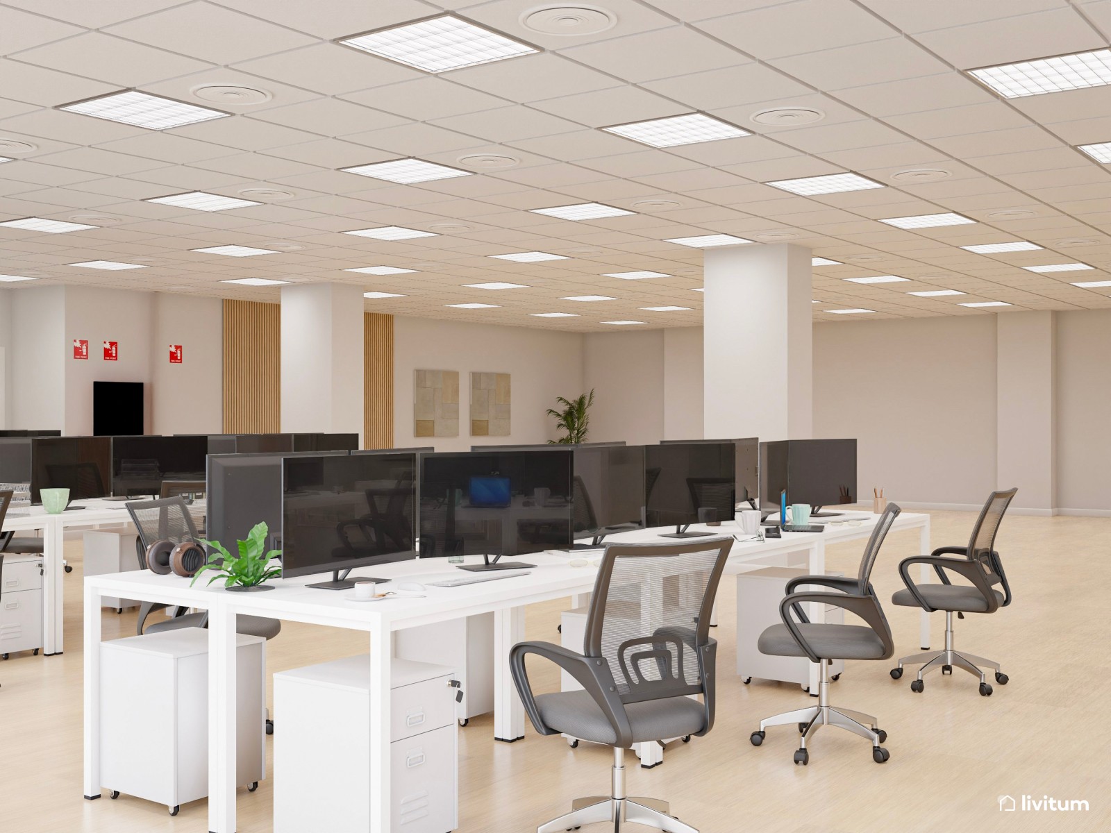 Amplia oficina con el binomio blanco y negro y detalles en madera