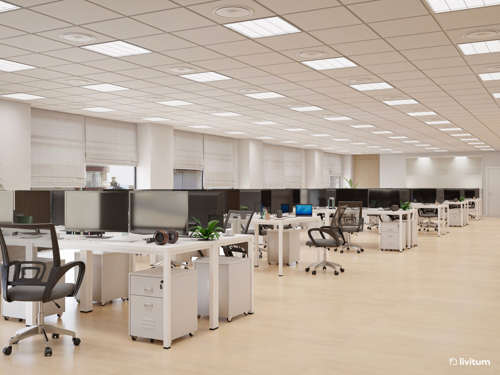 Amplia oficina con el binomio blanco y negro y detalles en madera