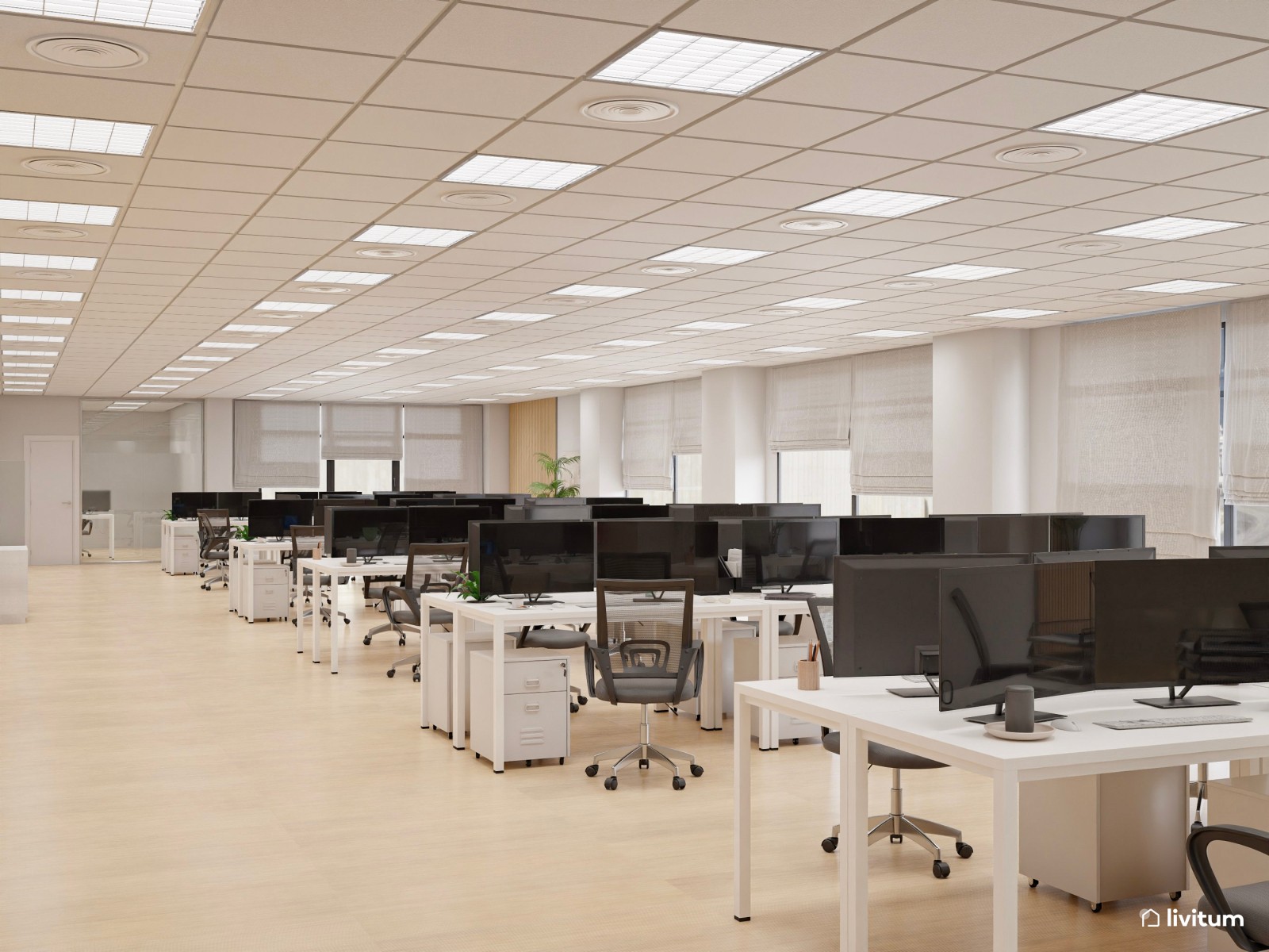 Amplia oficina con el binomio blanco y negro y detalles en madera