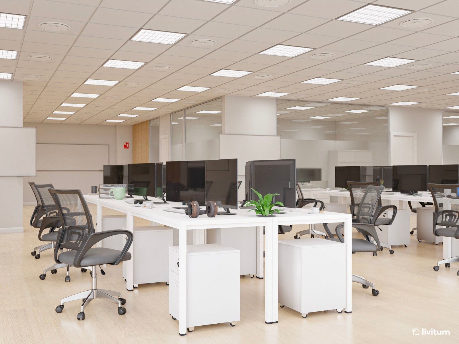 Amplia oficina con el binomio blanco y negro y detalles en madera